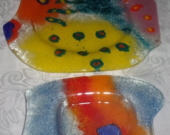 Fused Art Glass Colorful Abstract Free Form 2 Piece Signed