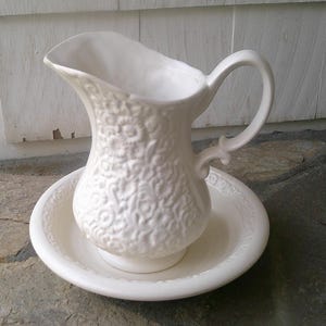 Vintage Hull Art Pottery Pitcher & Basin White W/ Embossed Flowers