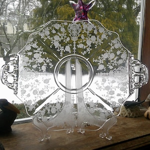 Vintage Cambridge Rose Point Etched Platter Tray with Handles Serving Platter