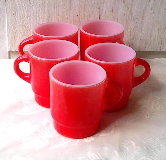 Fire King Orange Stackable Coffee Mugs Set of 5 Anchor Hocking 3 1