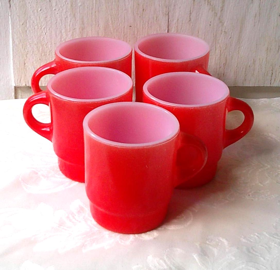 Fire King Orange Stackable Coffee Mugs Set of 5 Anchor Hocking 3 1/2" White  Core
