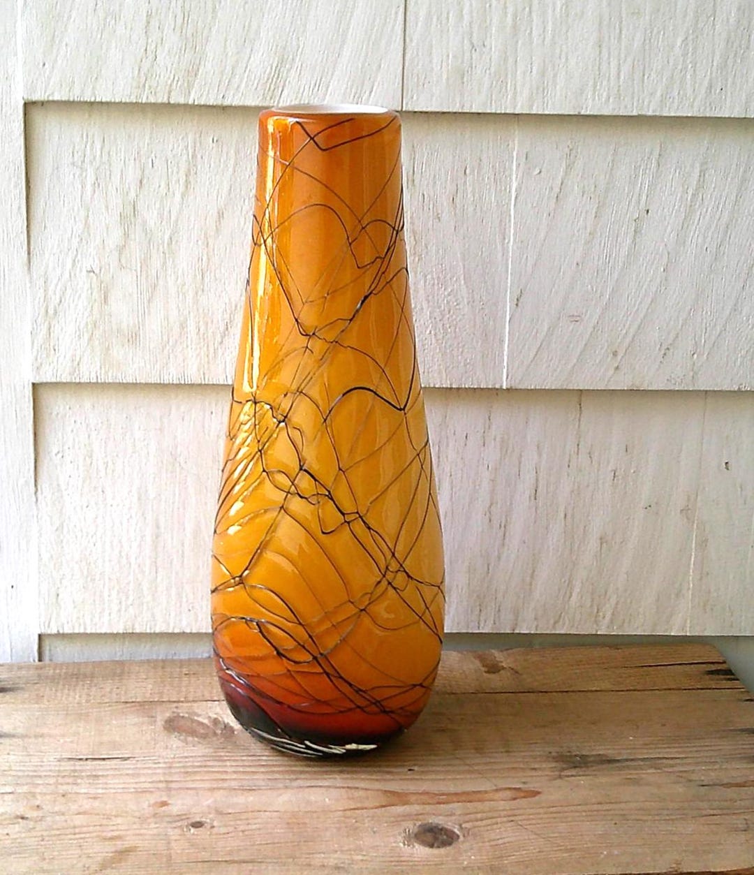Art Glass Drizzle Vase Golden Yellow Cased Glass Brown Raised Drizzle ...