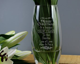 Personalised Christmas Design Bullet Vase - Perfect Gift for Christmas, Couples, Mr & Mrs, Engraved Glass Vase