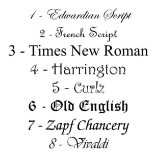 May include: A list of eight different font styles with their names: Edwardian Script, French Script, Times New Roman, Harrington, Curlz, Old English, Zapf Chancery, and Vivaldi.