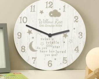 Personalised Twinkle Twinkle Shabby Chic Large Wooden Wall Clock - New Baby Gift, Christening Gift, 1st Birthday Gift, Silent Nursery Clock