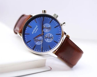 Personalised Mens Engraved Watch With Walnut Strap and Modern Font Engraving - Gift for Him, Fathers Day Gift