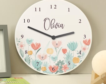 Personalised Floral Wooden Children's Wall Clock - Girls Personalised Clock, Gift for Her, Nursery Clock