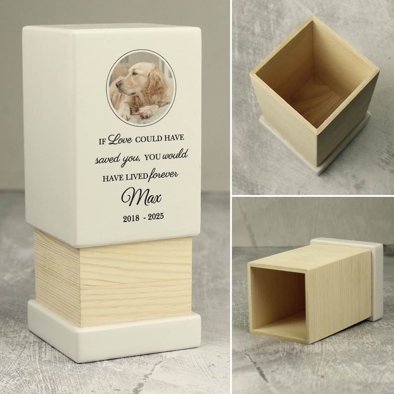May include: White wooden box with a white lid. The lid has a photo of a golden retriever dog and the text "If love could have saved you, you would have lived forever. Max 2018 - 2025".