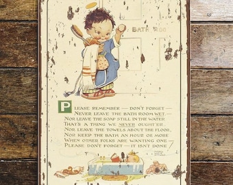 Mabel Lucie Attwell Please Remember Bathroom Toilet Metal Sign Humorous Plaque - Vintage Wall Sign | Retro Sign | Wall Art