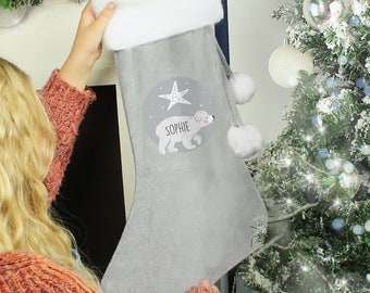 Personalised Christmas Stocking Baby Polar Bear Design Luxury Grey Christmas Stocking Christmas Gift, Christmas Decoration Personalised Gift