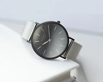 Personalised Mens Engraved Watch With Silver Mesh Strap Modern Font Engraving Men&#39;s Minimalist Watch - Gift for Him, Fathers Day Gift