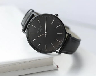 Personalised Mens Engraved Watch With Black Leather Strap and Modern Font Engraving Men&#39;s Minimalist Watch - Gift for Him, Fathers Day Gift