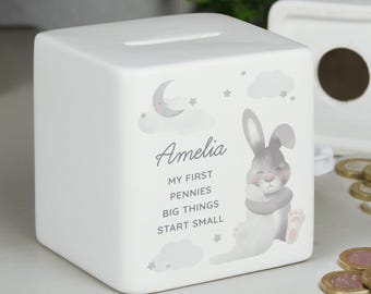 Personalised Baby Bunny Ceramic Square Money Box - Baby Shower Gift, New Baby Gift, Christening Gift