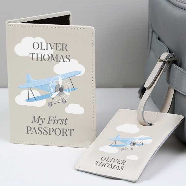 Personalised Blue Plane Leather Passport Holder & Luggage Tag Set - Newborn Gift, Travel Gift, My First Passport Holder and Luggage Tag