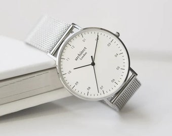 Personalised Mens Engraved Watch With Steel Silver Mesh Strap Modern Font Engraving Men's Minimalist Watch - Gift for Him