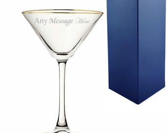 Personalised Gold Rim Martini Glass – Engraved Enoteca Cocktail Glass with Gift Box, Custom Message Gift for Birthdays or Weddings