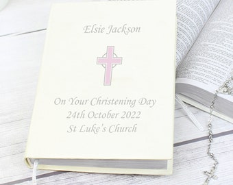 Personalised Bible Pink Cross Holy Bible - Eco-friendly - Baptism Gift - Christening Gift - New Baby Gift - Holy Communion Gift