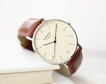 Personalised Mens Engraved Watch With Leather Walnut Strap Modern Font Engraving - Gift for Him, Fathers Day Gift, Custom Watch