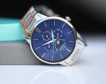 Personalised Mens Engraved Watch Architect Apollo Blue With Modern Font Engraving - Gift for Him, Fathers Day Gift, Custom Watch