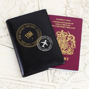 Personalised Stamped Black Leather Passport Holder - Travel Gift, Personalised Passport Holder, Passport Cover, Gift for Him