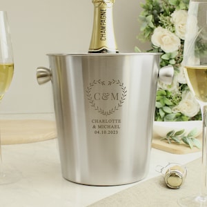 Personalised Stainless Steel Ice Bucket – Engraved Botanical Initials Wedding or Anniversary Gift for Couples