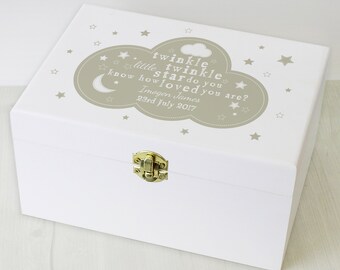May include: White wooden keepsake box with a gold latch. The lid features a beige cloud with stars and the text "twinkle twinkle little star do you know how loved you are? Imogen James 23rd July 2017".