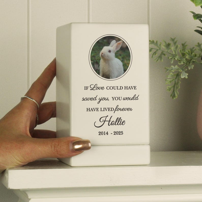 May include: White ceramic memorial box with a photo of a white rabbit. The box has the text "IF LOVE COULD HAVE saved you, YOU would HAVE LIVED forever Hollie 2014 - 2025"