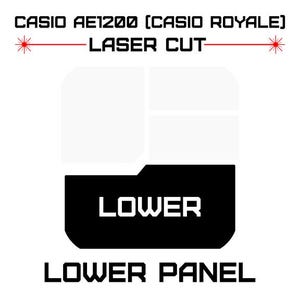 May include: A white and black laser-cut lower panel for a Casio AE1200 (Casio Royale) watch. The text "CASIO AE1200 (CASIO ROYALE) LASER CUT" is at the top, with "LOWER" and "LOWER PANEL" at the bottom.