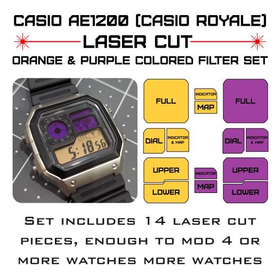 カスタムCasio腕時計 2点セット Casio AE1200 (Casio Royale) レーザーカットカラースクリーン