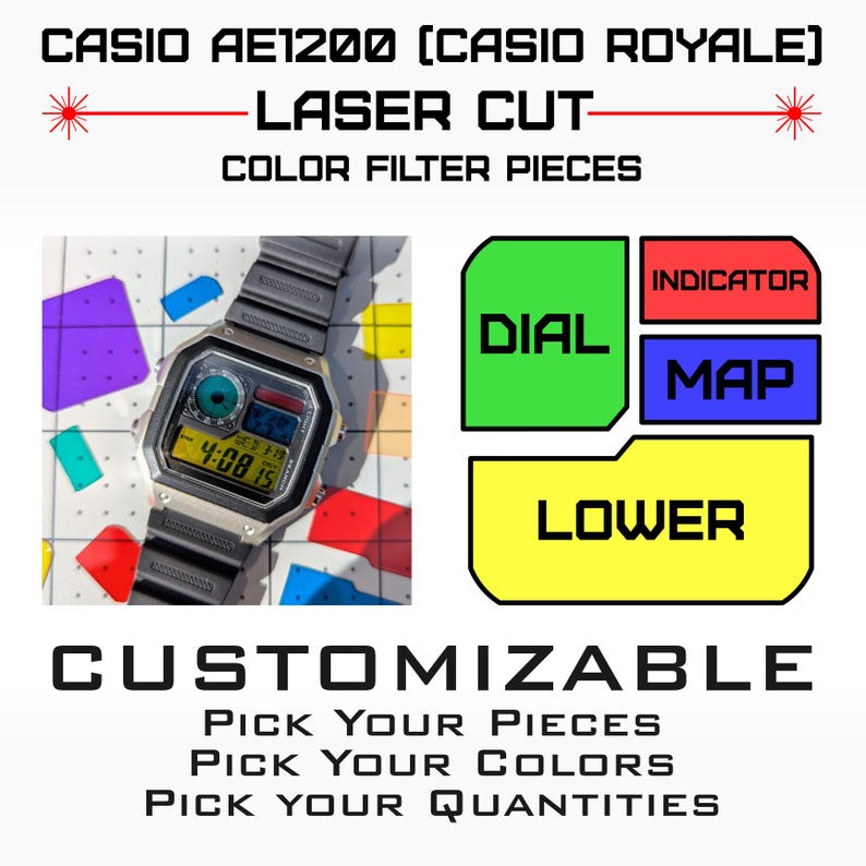 May include: A Casio AE1200 digital watch with a black strap and silver case. The watch face displays the time and has a customizable color filter. The image also shows color filter pieces labeled "Dial," "Indicator," "Map," and "Lower."