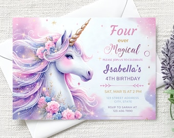 Invitación de unicornio para el 4.º cumpleaños: Diseño mágico en tonos pastel (Plantilla editable)