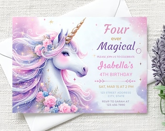 Invitación de unicornio para el 4.º cumpleaños: Diseño mágico en tonos pastel (Plantilla editable)