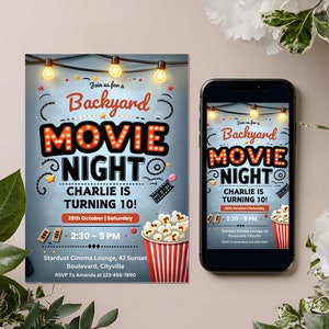 Modelo editável de cartão de convite para festa de aniversário de noite de cinema no quintal, convite para festa de aniversário de cinema digital, convite para festa de filme eletrônico