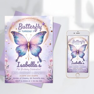 Uitnodiging verjaardagsfeestje vlinder voor meisje, digitale sjabloon, elektronische aquarel babyvlinder digitale mobiele verjaardagsuitnodiging, kusjes