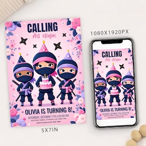 Modelo de cartão de convite para festa de aniversário de menina Ninja, convite de aniversário de artes marciais para meninas, convite de aniversário de karatê infantil guerreiro móvel evite