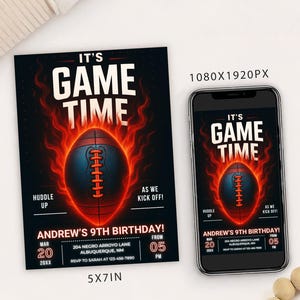 Bearbeitbare Geburtstagsfeier-Einladungskartenvorlage für den roten Fußball, digitaler Fußball-Geburtstag einladen, elektronisches Sport-Geburtstagsmobil