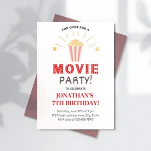Modelo de cartão de convite de festa de aniversário de noite de cinema editável, convite de festa de aniversário de cinema digital, festa de filme minimalista eletrônica