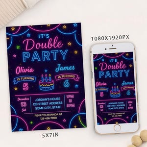 Bewerkbare dubbele partij verjaardagsuitnodiging verjaardagsuitnodigingskaart afdrukbare sjabloon, neon gezamenlijke verjaardag digitale sjabloon mobiel