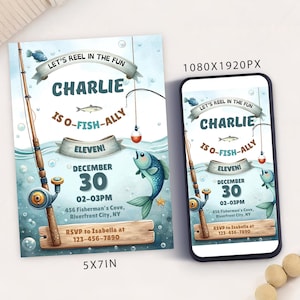 Modèle de carte modifiable d'invitation de fête d'anniversaire de pêche, invitation numérique de pêche, Evite mobile d'anniversaire de poisson électronique, bobine dans l'amusement