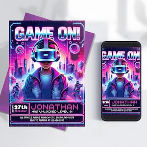 Geburtstagsparty-Einladungskartenvorlage für Geburtstagsfeiern, digitale VR-Kopfhörer-Party einladen, elektronisches Gamer Arcade-Party-Mobile Evite