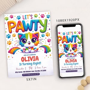 Modèle de carte d'invitation de fête d'anniversaire chat modifiable, Invitation d'anniversaire numérique Are you chaton me, Evite mobile électronique Paw-ty, arc-en-ciel