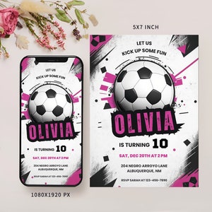 Modelo de cartão de convite de festa de aniversário com tema de futebol feminino editável, convite de aniversário de futebol digital, celular de aniversário de esportes eletrônicos