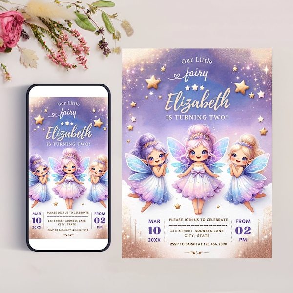 Editable Our Little Fairy Birthday Party Invitation Card Template, Girl birthday invite, Fantasy Fairy Girl birthday invitation Mobile Evite