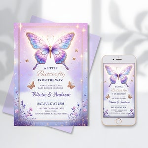 Vlinder baby shower uitnodiging voor meisje, digitale sjabloon, elektronische aquarel baby vlinder digitale baby shower mobiele evite, kussen