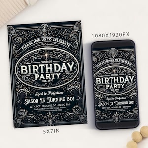 Invitation de fête d'anniversaire étiquette de whisky, invitation de fête d'anniversaire pour adultes, carte d'invitation d'anniversaire vintage, vieilli à la perfection