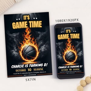 Modelo de cartão de convite de festa de aniversário com tema de basquete editável, convite de aniversário de basquete digital, celular de aniversário de esportes eletrônicos