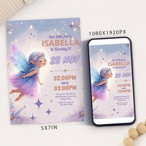 Modèle de carte modifiable notre petite fée d'anniversaire d'anniversaire, faire-part d'anniversaire fille, faire-part d'anniversaire fantaisie fée fille Mobile Evite
