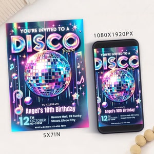 Bewerkbare discofeest verjaardag uitnodigingskaart afdrukbare sjabloon, neon gloed digitale verjaardagssjabloon mobiel, neon dance feestkaart, evite