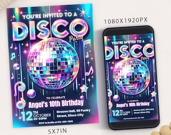 May include: A colorful invitation to a disco party for a 10th birthday. The invitation features a disco ball, stars, and music notes. The text reads "You're invited to a Disco Party to celebrate Angel's 10th Birthday".