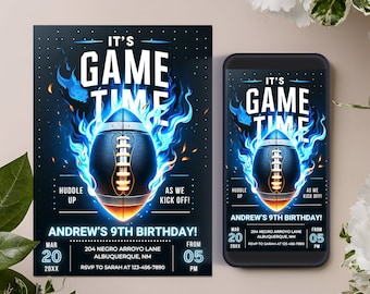 Modèle de carte d'invitation de fête d'anniversaire sur le thème du football modifiable, invitation numérique d'anniversaire de football, mobile d'anniversaire de sport électronique